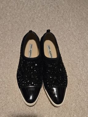 Karl Lagerfeld Black Jeweled Slip-On Flats with Patent Cap